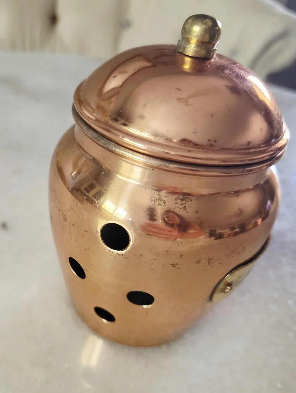 Vintage Copper Garlic Keeper Storage Jar + Lid, Brass Plaque, Ventilation Holes